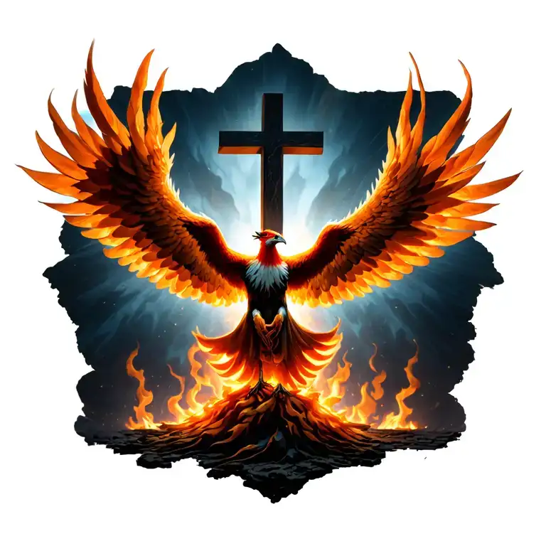 phoenix being reborn from the ashes beneath a cross that is shining towards the ashes calling the phoenix to be reborn tattoo design idea