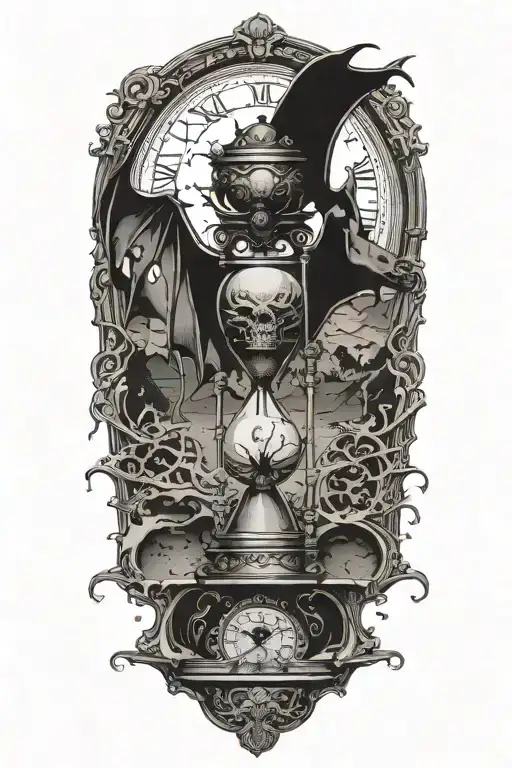 A big bat wrapping an hour glass with the sand of time. Terrifying dark Lovecraftian background engulfs the scene tattoo design idea