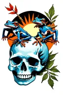 poison dart frogs climbing on half skull with arrow through it black sun background, wilted leafy foreground tattoo design idea