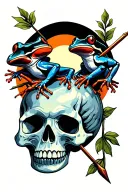 poison dart frogs climbing on half skull with arrow through it black sun background, wilted leafy foreground tattoo design idea