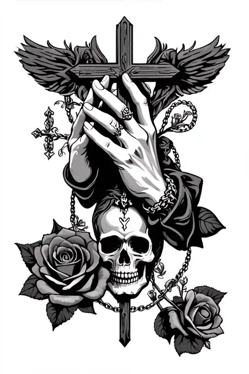 praying hands holding cross necklace and rose and skull  tattoo design idea