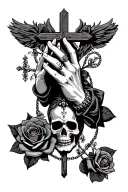 praying hands holding cross necklace and rose and skull  tattoo design idea