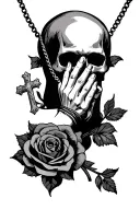 praying hands holding cross necklace and rose and skull  tattoo design idea