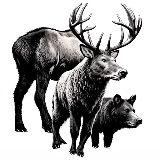 whitetail deer, mule deer, elk, black bear, grizzly bear, moose tattoo design idea