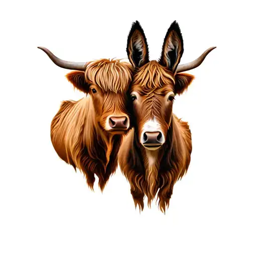 highland cow and donkey with heads together tattoo design idea