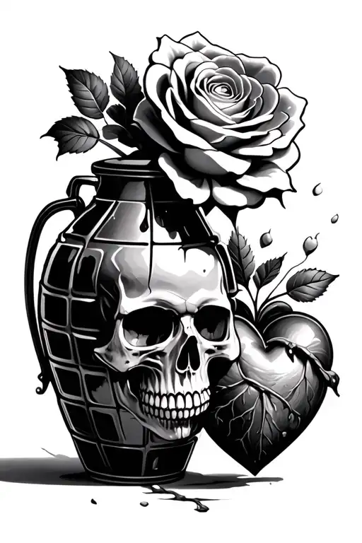 skull inside of a rose coming out of a grenade shaped like a flower vase and a real heart tattoo design idea