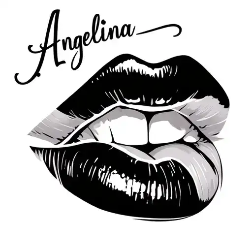 name "Angelina" with lips kissing next to it for forearm tattoo design idea