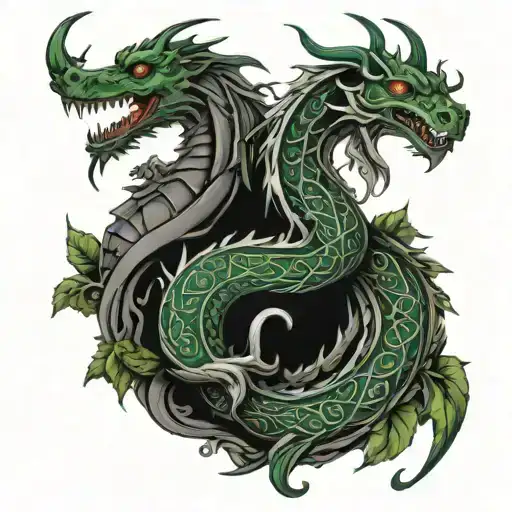 Celtic green dragon, sea serpent and stag surrounded by ivy tattoo design idea
