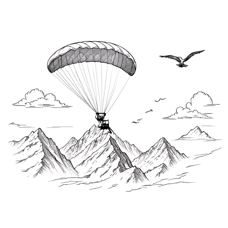 paraglider explore freedom between high mountain. vultures, clouds and the sun rays  tattoo design idea