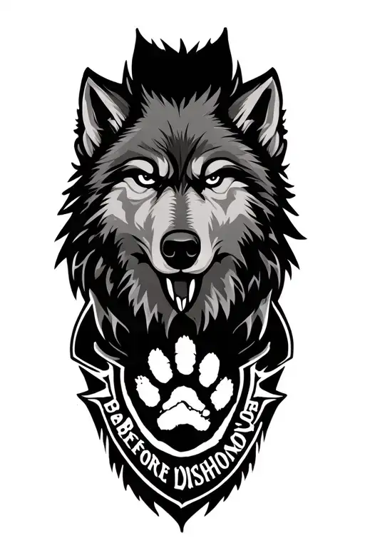 Tribal wolf head with paw print in the center and underneath the paw the following text "Death Before Dishonor" tattoo design idea