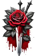 Red rose wrapped around a dagger with blood dripping off the tip tattoo design idea