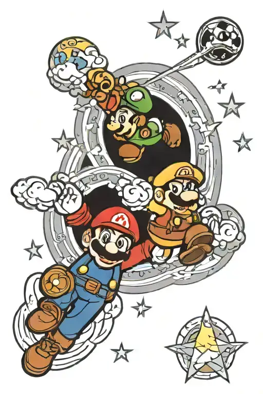 Mario and Link standing back to back coming out of a portal with Kirby flying on a star in the background tattoo design idea