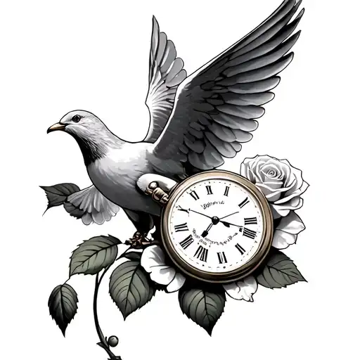 A dove in flight, wings wide, bearing an open rose from which a pocket watch blooms tattoo design idea
