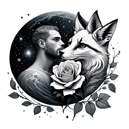 Planet Terre, a man and a back fox, a rose, repeat the star sky tattoo design idea