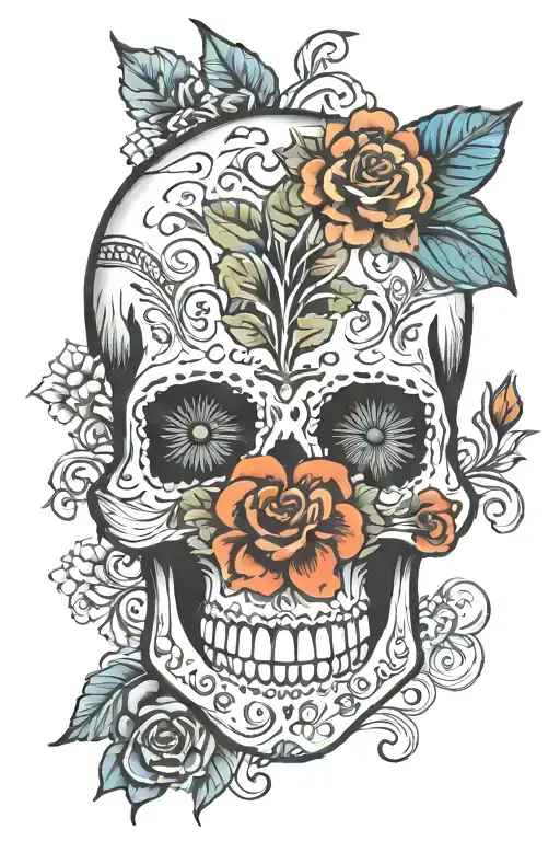 mexican art carved on a skull and flowers around the skull for dias de muertos celeberation that brings life and death tattoo design idea