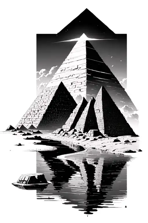 isis Horus and Osiris pyramid and river backdrop tattoo design idea