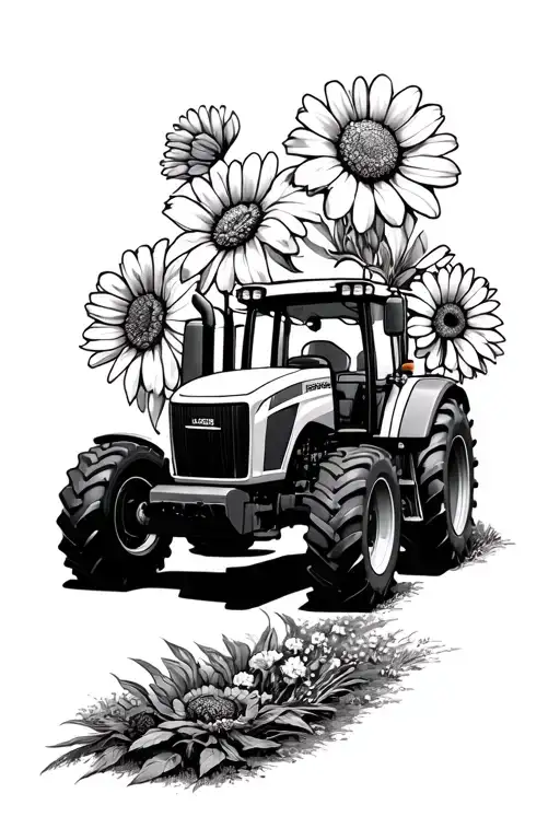 John Deere tractor driving marigold flower surrounded tattoo design idea