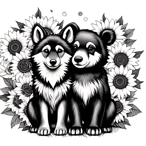  cute baby wolf and bear sitting with sunflowers and roses. black tattoo design idea