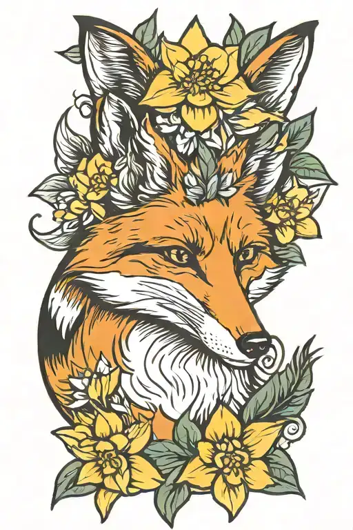 american traditional style fox with daffodil tattoo design idea