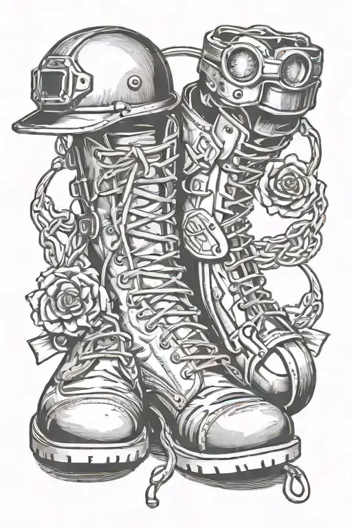 boots, rifle, helmet and dog tags tattoo design idea