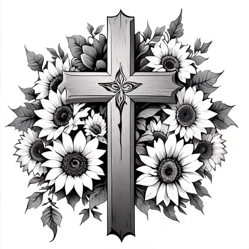 Cover-up Latin cross with a vine and layered sunflowers wrapping around,  the flowers dominate but still follow the shap tattoo design idea