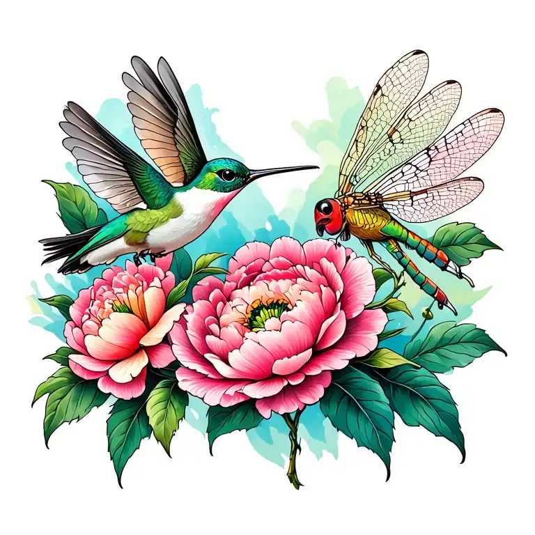 pink peony with hummingbird and dragonfly  tattoo design idea