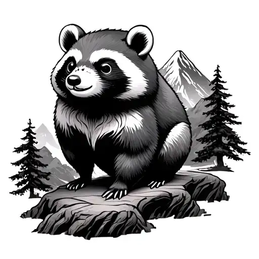 tanuki statue with mountain tattoo design idea