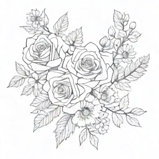 Roses, Daisies, Hawthorn, Violet, Aster flowers tattoo design idea