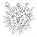 Roses, Daisies, Hawthorn, Violet, Aster flowers tattoo design idea
