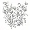 Roses, Daisies, Hawthorn, Violet, Aster flowers tattoo design idea