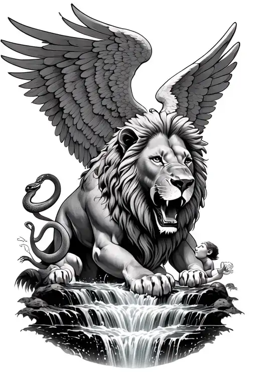 lion with wings roaring in a waterfall with angels and snakes tattoo design idea