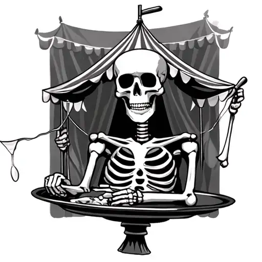 skeleton holding circus tent on a platter tattoo design idea
