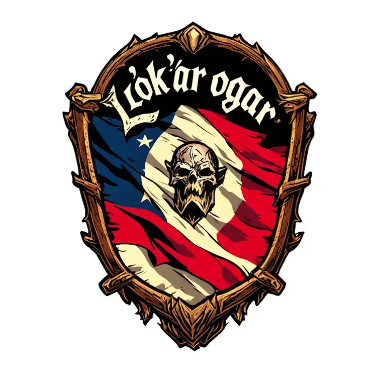"Lok'tar ogar" World of Warcraft Horde Emblem on a flag tattoo design idea