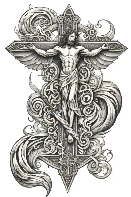 jesus cross micheal sword flaming fires and wings  tattoo design idea