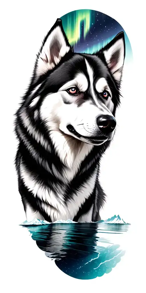 Siberian husky with northern lights and sea   tattoo design idea