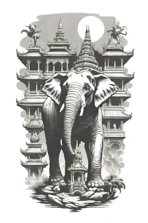 thai temple with elephant  tattoo design idea