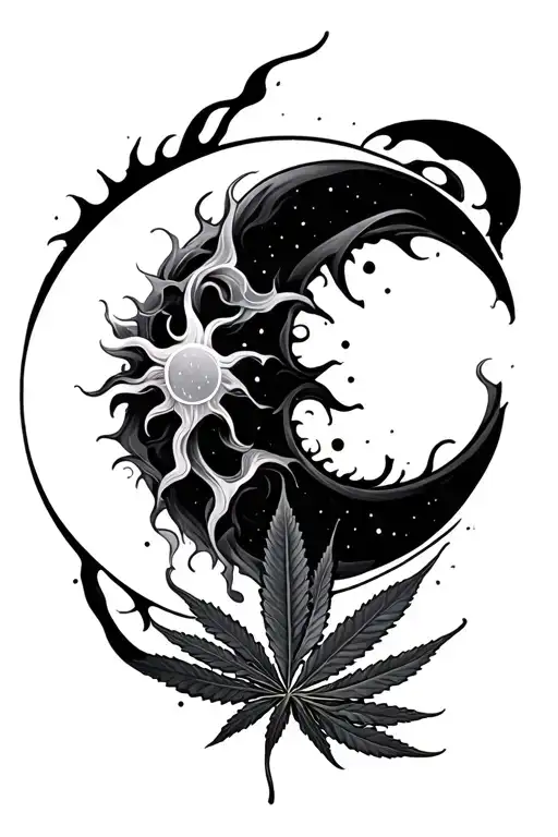 sun moon marijuana intertwined smoky tattoo design idea
