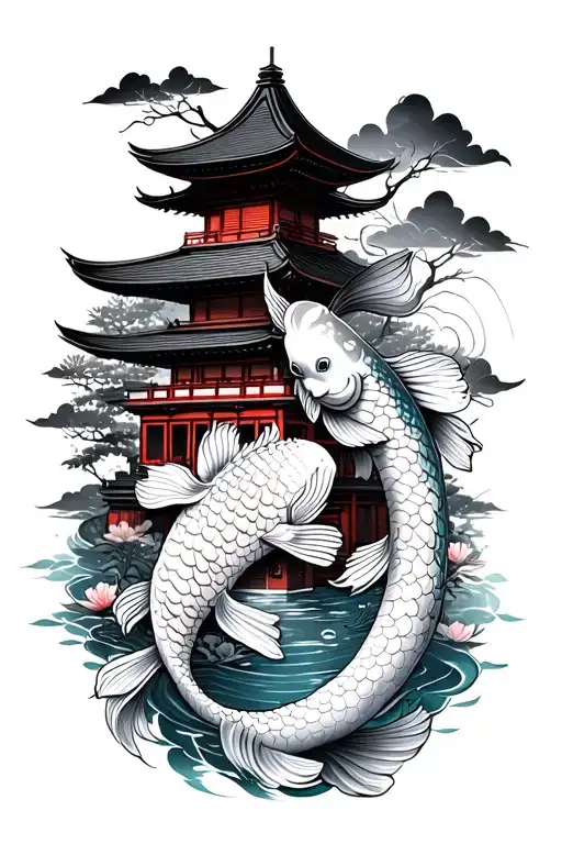 japanese style temples and koi fish tattoo tattoo design idea