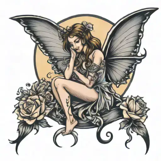 crying fairy sitting on the moon shining tattoo design idea