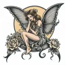 crying fairy sitting on the moon shining tattoo design idea