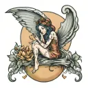 crying fairy sitting on the moon shining tattoo design idea