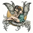 crying fairy sitting on the moon shining tattoo design idea