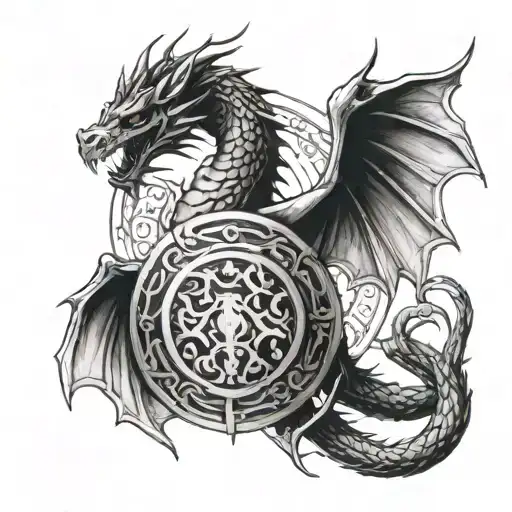 A tattoo design incorporating elements of ancient mythology, such as a fierce dragon wrapped around a sword and shield tattoo design idea