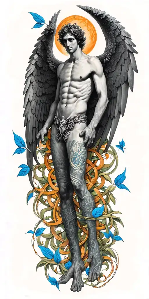 Skinny Lucifer Franz Von Stuck with wings surrounded by blue celtic leaves tattoo design idea