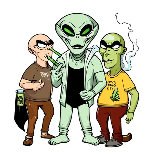 420 party with an alien smoking a joint with Randy marsh and Rick sanchez tattoo design idea