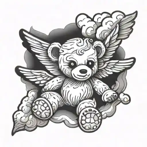 Teddy bear with angel wings on a cloud tattoo design idea