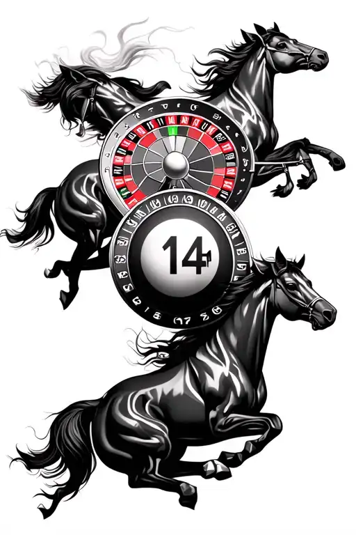 roulette wheel with ball in number 14 with horses racing on the wheel tattoo design idea
