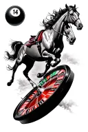 roulette wheel with ball in number 14 with horses racing on the wheel tattoo design idea