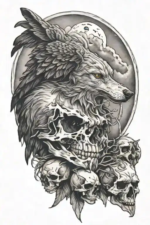 wolf and raven perched on a skull tattoo design idea