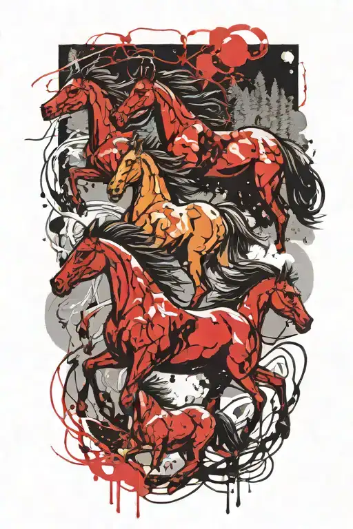 horses framed by thunderstorms in a forest with snow tattoo design idea